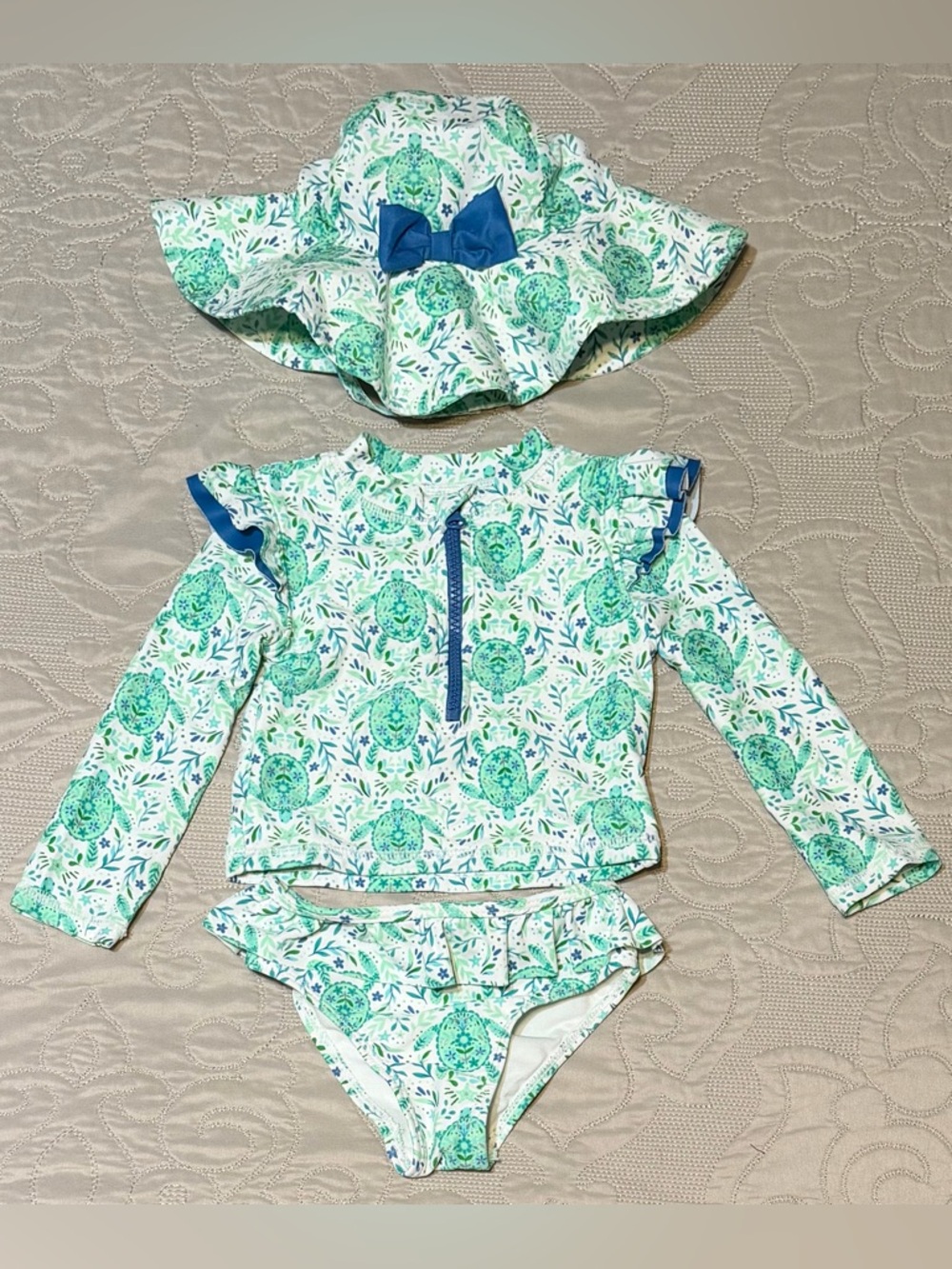Tommy Bahama - Girls Green/White 3pc Turtle Print Rashgaurd Swimsuit, Sz - 24mo